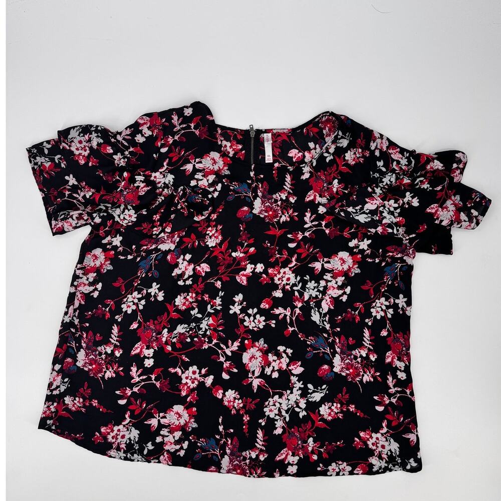 Xhilaration Womens XXL Black Red Floral Ruffle Sleeve Blouse Back Zip